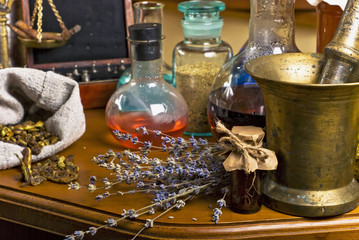 Test tubes herbs, chemical equipment for laboratory researches