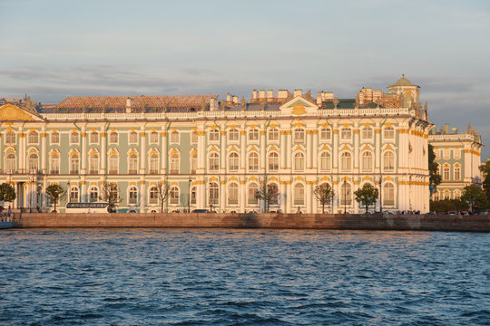 Iconic facade of Winter Palace with Neva river, Saint Petersburg