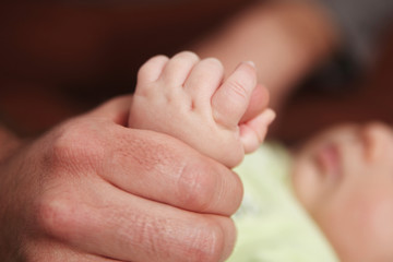 Babyhand mit der Hand eines Erwachsenen