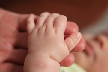 Babyhand mit der Hand eines Erwachsenen