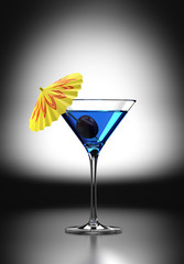 Blue Martini Cocktail with Cocktail Umbrella and Cherry