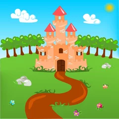 Foto op Aluminium Kasteel Cartoon afbeelding van kasteel met landschap