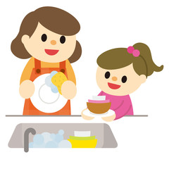 皿洗いをする親子