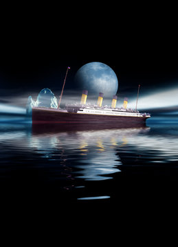 Titanic ship sailing at night with moon and iceberg