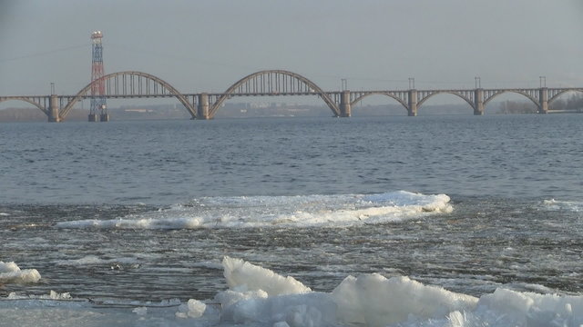 Ice melting in Dniper river in early spring