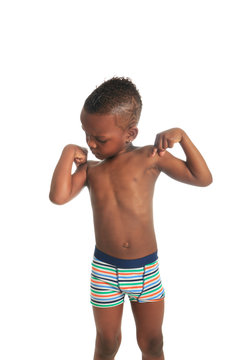 African American child shirtless black curly hair isolated