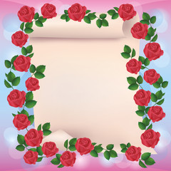 Greeting or invitation card with paper and red roses