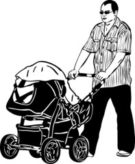 sketch a dad spectacled rolls a child carriage