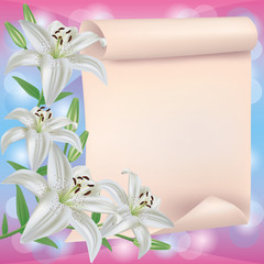 Greeting or invitation card with lily flower and paper