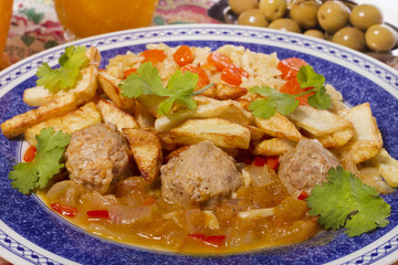 meat balls with rice and potatoes