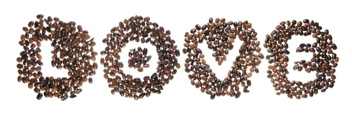Coffe beans used to spell the word love