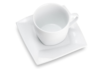 White empty cup with square saucer, top view