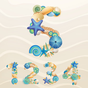 Numbers, vector sea life font on sand background.