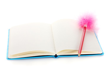 beautiful notebook and pen isolated on white