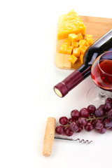 Bottle of great wine with wineglass and cheese isolated on white