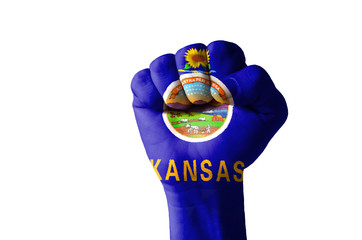 Fist painted in colors of us state of kansas flag