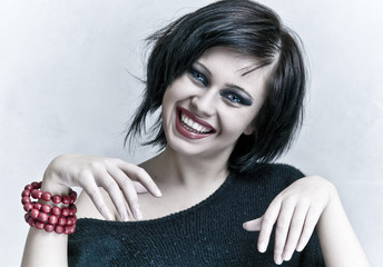 smiling woman portrait with white teeth and red lipstick - obrazy, fototapety, plakaty