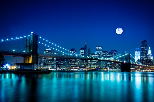 Night Scene Brooklyn Bridge and New York City - Powered by Adobe
