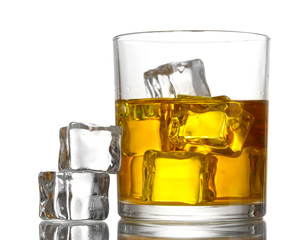 glass of whiskey and ice isolated on white