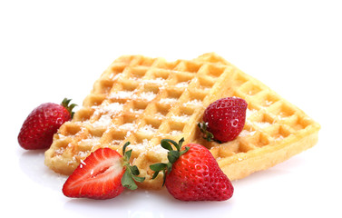 belgium waffles with strawberries isolated on white