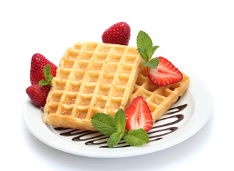 belgium waffles with strawberries and mint
