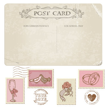 Vintage Postcard and Postage Stamps - for wedding design, invita