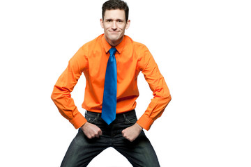 Happy man in orange shirt and blue tie.