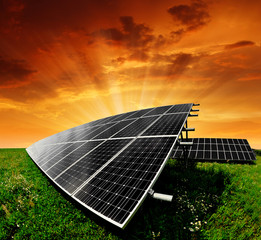 Solar energy panels in the setting sun