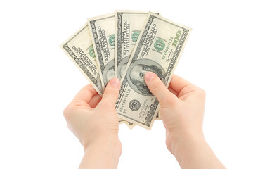 Woman hands with money on white background