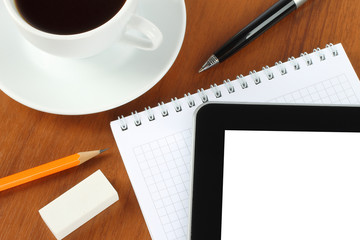 Touch screen device, notepad, pen and cup of coffee