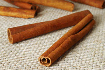 Cinnamon sticks on the sacking cloth