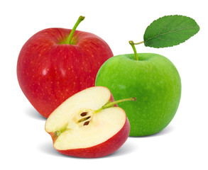 Red and green apples with slice isolated on white