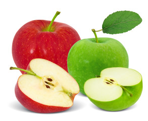 Red and green apples with slices isolated on white