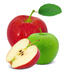 Red and green apples with slice isolated on white