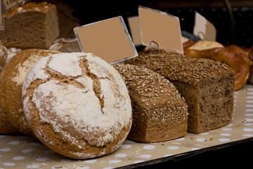bread on display at a market.