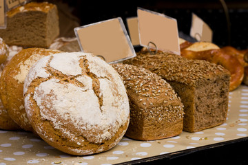 bread on display at a market.