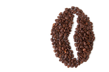 Big coffee bean shape made of coffee beans, copyspace