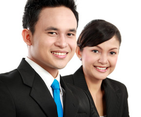 man and woman office worker smiling