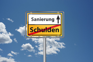 Schuldenabbau von Schulden und Sanierung - Ortsschild Ortsausgangsschild 