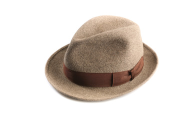 a light brown fedora hat isolated on white