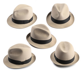 multiple view of a light fedora hat isolated on white