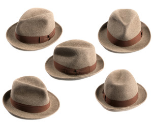 a multiple view light brown fedora hat isolated on white