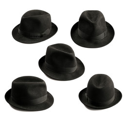 multiple view of black fedora hat isolated on white - obrazy, fototapety, plakaty