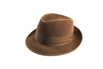 a brown fedora hat isolated on white - obrazy, fototapety, plakaty
