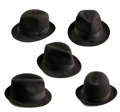 multiple view of black fedora hat isolated on white