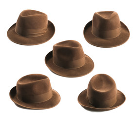 multiple view of a brown fedora hat isolated on white