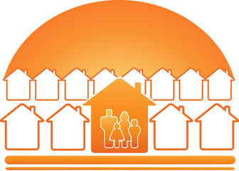 Naklejka premium red sign with family, house and sun silhouette