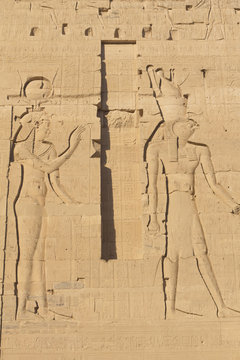 Carving of Egyptian god on pylon (Island  Philae, Egypt)