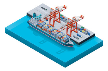 Vector container ship with cranes - obrazy, fototapety, plakaty