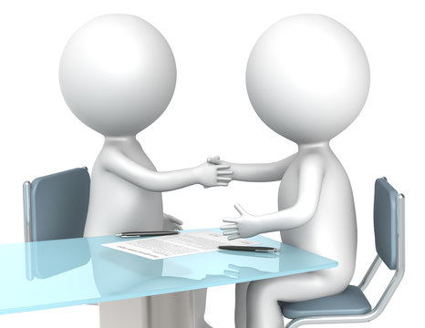 Deal. 3D little human characters X2 making a deal.